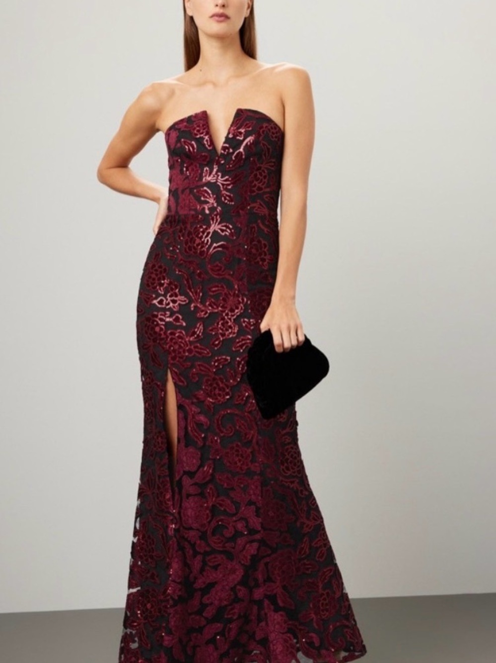 Dress the Population Strapless Burgundy Lace Gown Size Small